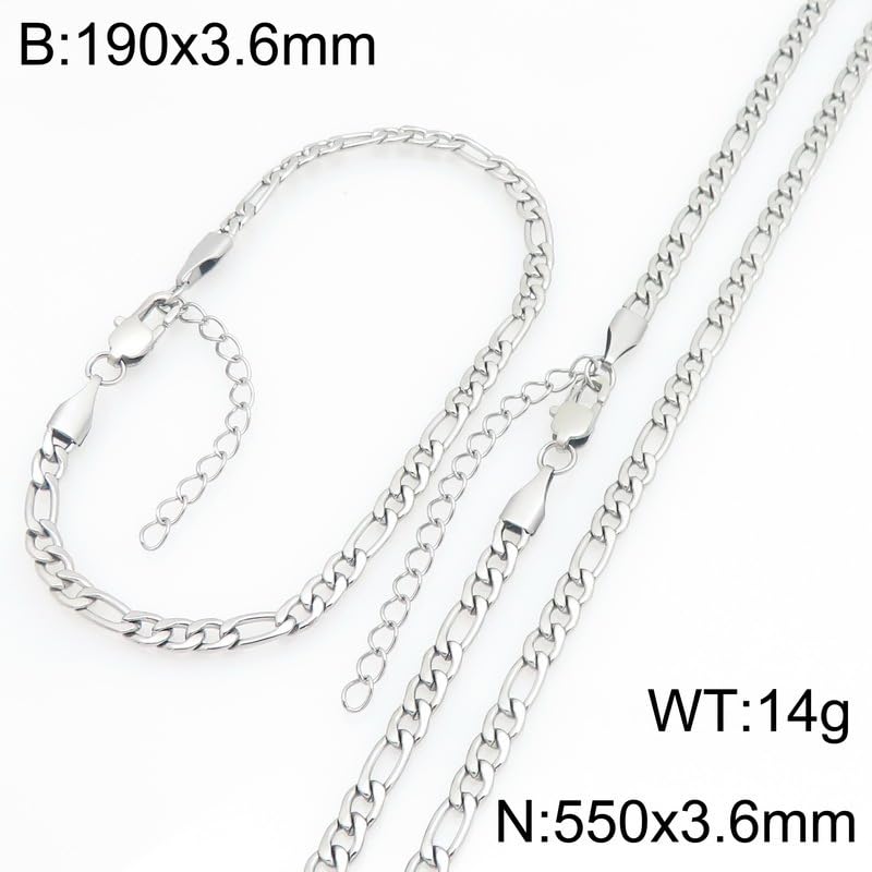 Kemstone Stainless Steel Figaro Cuban Bracelet Necklace Set for Men Women Jewelry - color: Silver 02