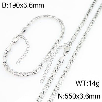 Kemstone Stainless Steel Figaro Cuban Bracelet Necklace Set for Men Women Jewelry - color: Silver 02
