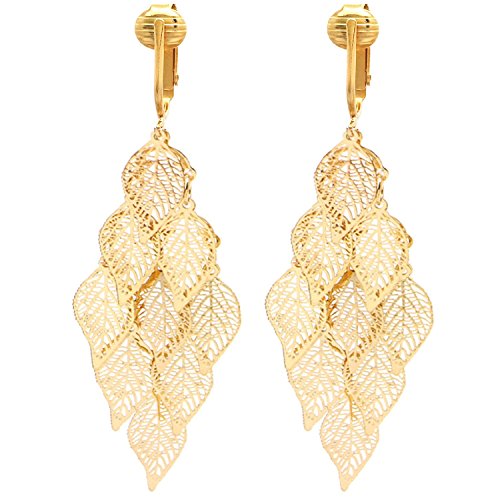 Gold Tone Non Pierced Clip On Dangling Earrings - style: Gold Leaves