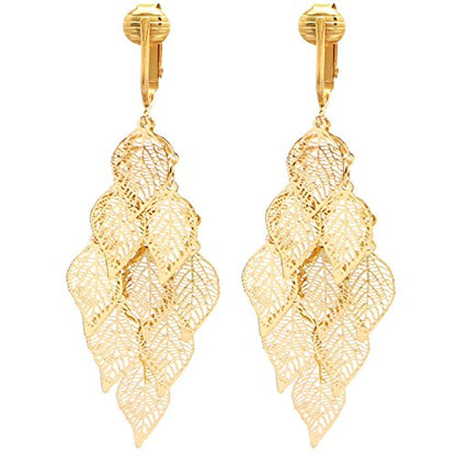 Gold Tone Non Pierced Clip On Dangling Earrings - style: Gold Leaves