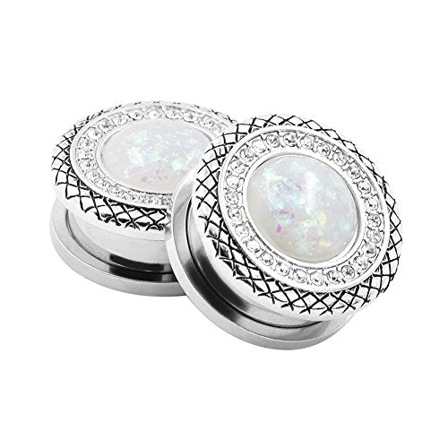Qmcandy 2pcs 2G-1 inch Stainless Steel Mother of Pearl or Opal Screw Ear Plugs Gauges Piercing - color: A White Opal 1"(25mm)