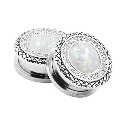 Qmcandy 2pcs 2G-1 inch Stainless Steel Mother of Pearl or Opal Screw Ear Plugs Gauges Piercing - color: A White Opal 13/16"(20mm)