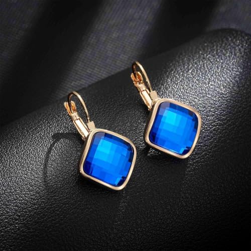 Austrian Crystal Square Leverback Drop Earrings for Women | Classic Square-Cut Crystal,14K Gold-Plated,Leverback for Easy Secure Wear,Gift Box Included,For Day and Evening Events - color: Bermuda Blue