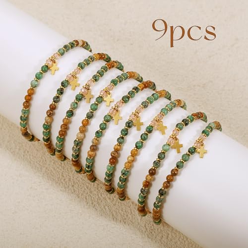 BROCC 9PCS Cross Christian Bracelets for Women | Christian Inspirational,Adjustable 4MM Beaded,Healing Natural Stone,Confirmation Baptism Easter Gifts - color: A