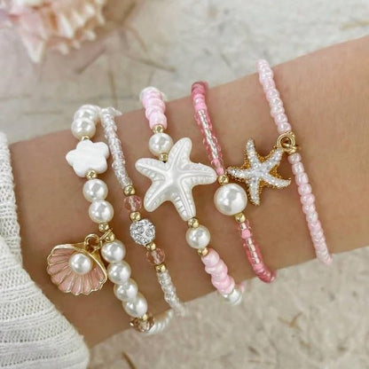 Spring Summer Beach 5-Piece Bracelet Set, Shell Starfish Seed Bead Faux Pearl Stackable Hand Jewelry for Women - color: WhitePink, size: One Size