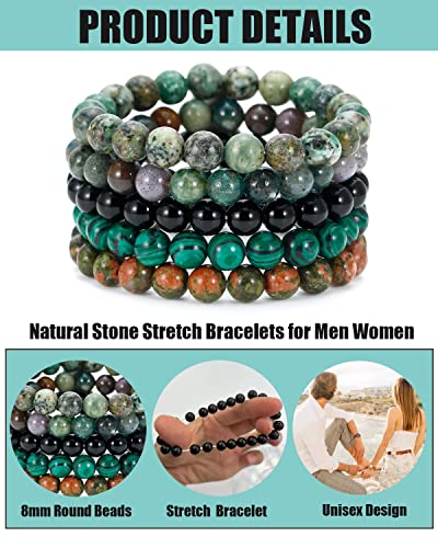 BOMAIL 5PCS Semi-Precious Gemstone Beaded Bracelet 8mm Round Beaded | Healing Crystal Stone, Stretch Bracelets, Unisex, Handmade,Elastic,Yoga Beads Bracelets,Jewelry Gift - color: D