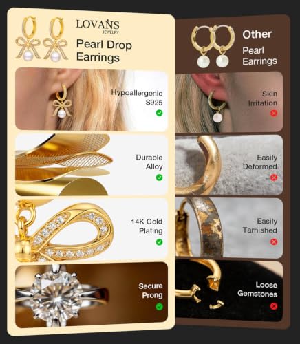 Pearl Drop Huggie Hoop Earrings for Women, Gold & Silver Hypoallergenic Bow | 14K Gold Plated, 925 Sterling Silver Posts, Hypoallergenic, Ideal Gifts for Wedding Anniversary Birthday Mother's Day - color: Gold