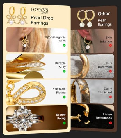 Pearl Drop Huggie Hoop Earrings for Women, Gold & Silver Hypoallergenic Bow | 14K Gold Plated, 925 Sterling Silver Posts, Hypoallergenic, Ideal Gifts for Wedding Anniversary Birthday Mother's Day - color: Gold