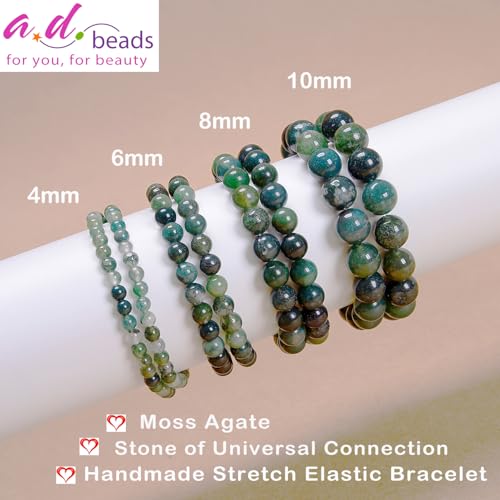 AD Beads Handmade Gemstone Stretch Elastic Bracelet Crystal Healing Reiki Nature's Beauty and Spiritual Essence Unisex (10mm, Moss Agate (Universal Connection)) - color: Moss Agate (Universal Connection), size: 10mm
