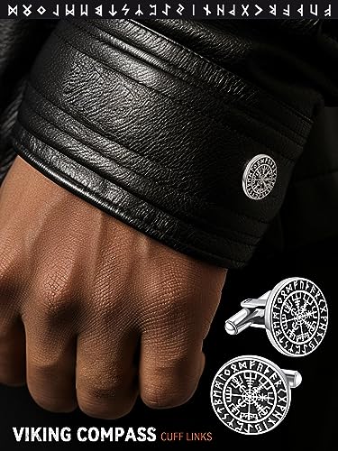 FaithHeart Mens Cufflinks, Norse Viking Tuxedo Shirt Cuff Links, Stainless Steel Cuff Links and Shirt Studs, Gift Box - style: 01. Compass-Silver