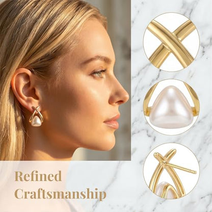 Gold Pearl Earrings For Women Gold Plated Stud Dangle Earrings | Gold Plated Pearl Earrings For Women Lightweight Stud And Dangle Design For Daily Wear Office Party Wedding Vacation