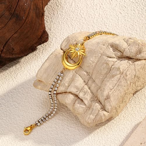 CTRLZTEAM 14K 18K Gold Plated Layered Bracelets for Women Stacked Bracelet | 14K 18K gold plated multi layer bracelets combine distinct chains with single clasp for instant pre-stacked style - style: Celestial Sun and Moon Double Row Zirconia