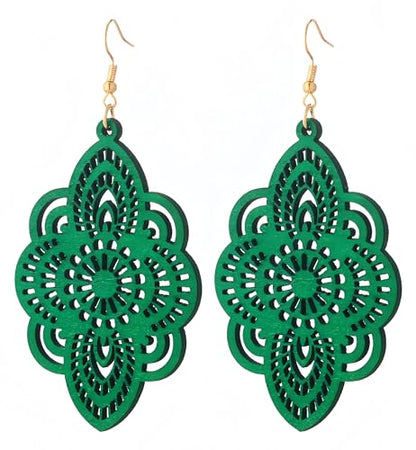 Boho Black Filigree Dangle Earrings for Women, Lightweight Hollow Lace Drop, Wood, 3.34" x 1.69", Bohemian Jewelry - color: Green
