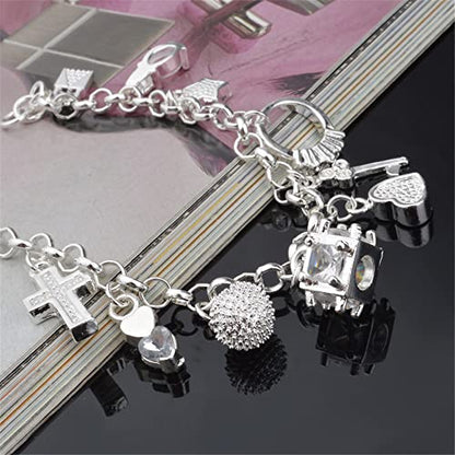 kelistom 925 Sterling Silver Bracelets for Women Teens, Love Heart Charm Chain Bracelet Bangle Fashion Jewelry Gifts - color: multi-charms