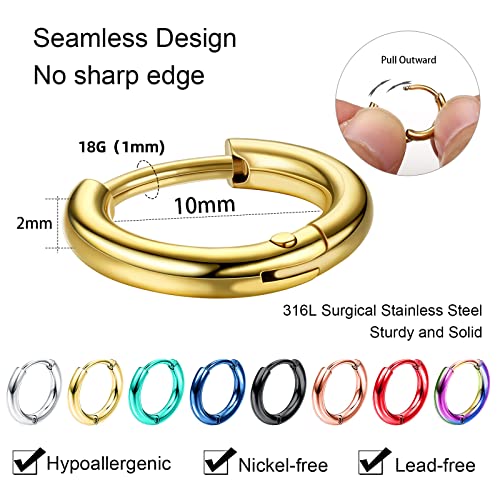 Jstyle 18G 20G Small Hoop Earrings for Men Women Huggie Hoops 8 Pairs | Hypoallergenic Surgical Stainless Steel, Multicolor Cartilage Helix Lobes Sleeper Hoop Earrings Set 8mm/10mm/12mm/14mm - style: Inner Diameter 10mm (18G)