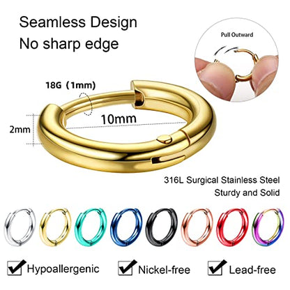 Jstyle 18G 20G Small Hoop Earrings for Men Women Huggie Hoops 8 Pairs | Hypoallergenic Surgical Stainless Steel, Multicolor Cartilage Helix Lobes Sleeper Hoop Earrings Set 8mm/10mm/12mm/14mm - style: Inner Diameter 10mm (18G)