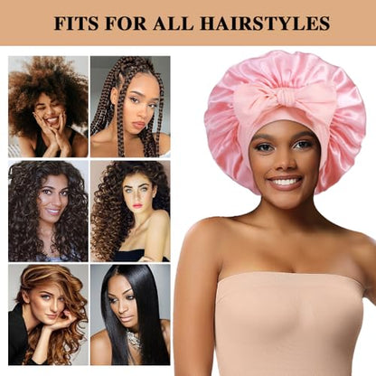 2+3 Large Satin Bonnets with Scrunchies for Women, Hair Bonnet Sleeping Tie Bonnet for Braids Curly Hair - color: C - Black, Blush Pink