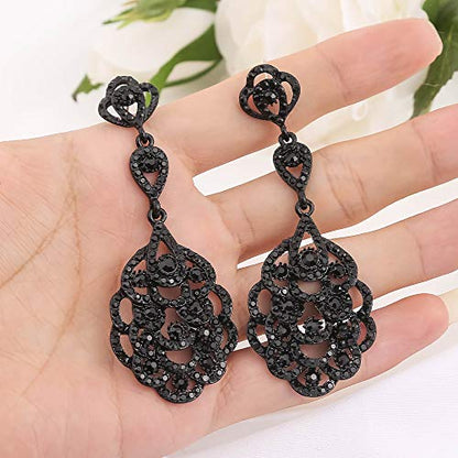 Wedding Teardrop Dangle Earrings Crystal Rhinestone Beaded Chandelier Earrings for Brides Gold - color: B-black