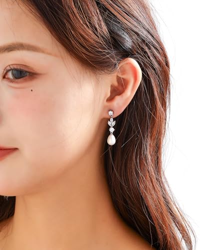 Pearl Earrings for Women, 14k Gold Plated Trendy Diamond Pearl Drop Earrings Bridal Shower Gifts Wedding jewelry for Women - color: Style D Silver