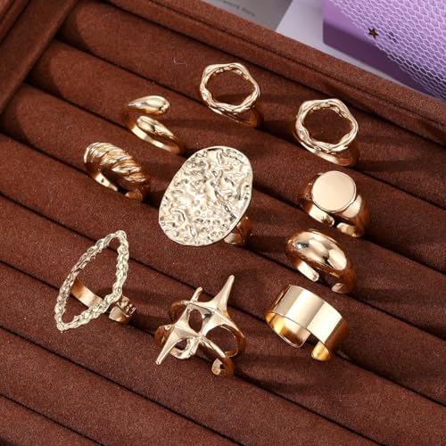 Chunky Rings for Women Non Tarnish 14k Stackable Dome Statement Rings Sets Vintage Dainty Knuckle Open Midi Finger Rings Jewelry Pack Gifts - style: 10PCS