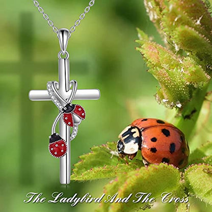 POPLYKE Cross Necklace for Women 925 Sterling Silver Cross Pendant Necklace Animal Jewelry Christmas Gifts for Women Mother Grandma - style: Ladybug