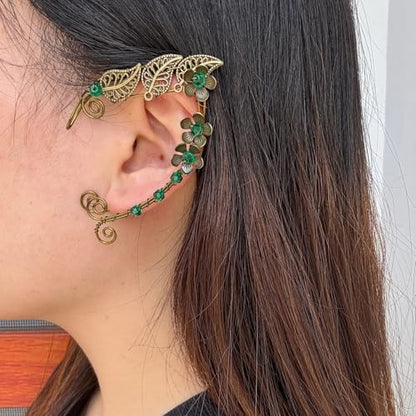 Elf Ear Cuffs, OwMell Handcraft Silver Pointed Fairy Elven Cosplay Fantasy Costume Bridal Wedding Earrings for Non Pierced Ears - style: 3 Flowers