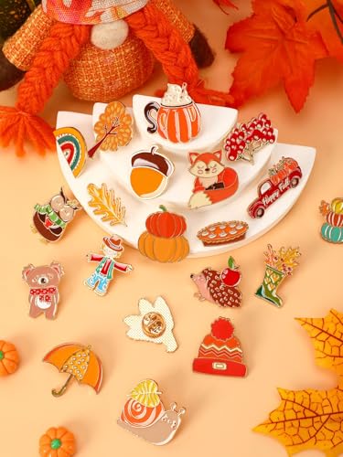 JUNEBRUSHS 28PCS Fall Enamel Pins Cute Pumpkin Maple Animal Brooch Pins for Fall Thanksgiving Theme Birthday Party Classroom Favor Supplies Exchange Gift Clothes Hat Accessories - style: Fall Style