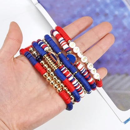 Ardorchid Halloween Bracelets for Women Pumpkin Ghost Steleton Bat Skull Beaded Stackable Stretchy Bracelet Rugby Thanksgiving Christmas Heishi Bracelets - color: Game Day-Blue&Red