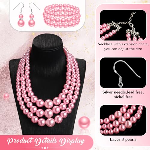 Haysandy Pearl Jewelry Set for Women 20s Jewelry Gift | Retro Layered Necklace Bracelet Earring, Costume Accessories for Derby Wedding Prom Party, Dress Matching Occasions - color: Pink