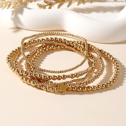 14K Gold Plated Beaded Bracelets Stack Set for Women,Stretch Boho Ball Jewelry Friendship Trendy - color: Gold