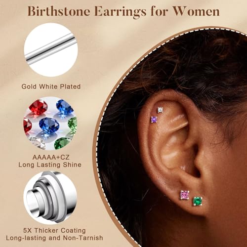 M MOOHAM Birthstone Stud Earrings, Hypoallergenic Dainty 14K Gold-Plated Stud Earrings Cubic Zirconia Cartilage Earring for Women Jewelry Gifts - color: Silver-04-April-Clear CZ