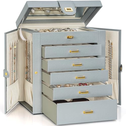 AKOZLIN 6-Tier Jewelry Box Organizer Functional 5 Drawers Leather Jewelry Storage Case for Women Girls Ring Necklace Earring Bracelet Holder Organizer with Mirror Extra Large Grey - color: Grey, size: Extra Large