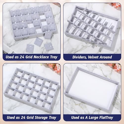 2 Pcs 24 Grid Stackable Jewelry Organizer Tray with Removable Dividers Ice Velvet Jewelry Display Showcase Tray for Necklace Earring Ring Bracelet Holder (Gray Velvet) - color: Gray Velvet