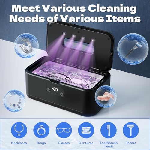 Ultrasonic Jewelry Cleaner, 50Khz Jewelry Cleaner Ultrasonic Machine for Jewelry, Eyeglasses, Rings, Watch Strap, Dentures, 24oz - 304 Stainless Steel Tank, Digital Timer, 5 Cleaning Modes - color: Black