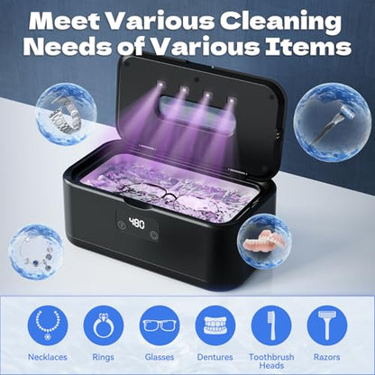 Ultrasonic Jewelry Cleaner, 50Khz Jewelry Cleaner Ultrasonic Machine for Jewelry, Eyeglasses, Rings, Watch Strap, Dentures, 24oz - 304 Stainless Steel Tank, Digital Timer, 5 Cleaning Modes - color: Black