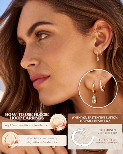 FIBO STEEL 14K Gold Plated Hoop Earrings with Charms for Women Huggie Hoops | Hypoallergenic 925 Sterling Silver Post Dangle Earrings Small Silver Gold Hoops Earring Cubic Zirconia Dangle Drop Jewelry - color: Baguette - 14K Gold Plated