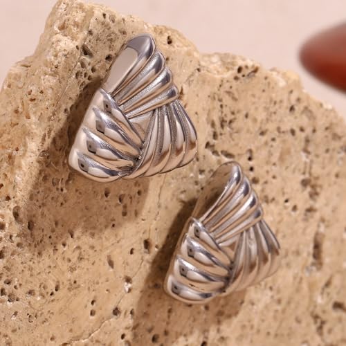 Geometric Ribbon Stud Earrings for Women, 14K Gold Plated Stainless Steel Hypoallergenic Chunky Statement Geometric Dangle Drop Earrings, Striped Stud Earrings - color: Silver