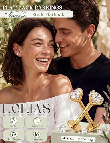 LOLIAS 4Pairs Moissanite Flat Back Earrings Hypoallergenic Nose Rings Studs | Threadless,Push in,Flatback,Surgical Steel,Cartilage Helix Tragus Labret Piercing Jewelry,Taper Ball Grabber Tool 20G 18G 16G - color: Gold, size: 16G