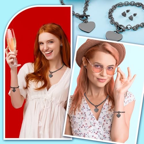 3 Pcs Heart Bow Snow Jewelry Set | Heart Necklace with Bracelet Earring, Snow Jewelry Set for Women, Bow Charms Toggle Gifts - color: Black, style: Stainless Steel Heart