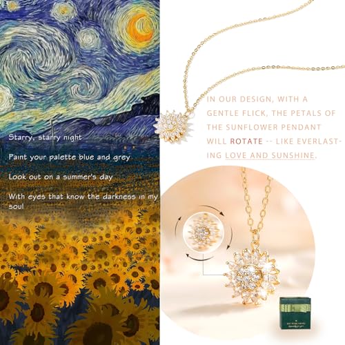 Rotating Sunflower Necklace & Earrings Jewelry Set for women| Gold coating Titanium Alloy with Sparkling Cubic Zirconia| Jewelry box +Tote Bag +3D Card |Gift for Birthday, Anniversary or Mother's Day - color: SpinningSun