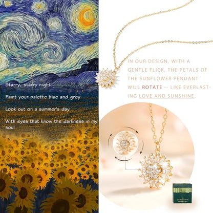 Rotating Sunflower Necklace & Earrings Jewelry Set for women| Gold coating Titanium Alloy with Sparkling Cubic Zirconia| Jewelry box +Tote Bag +3D Card |Gift for Birthday, Anniversary or Mother's Day - color: SpinningSun