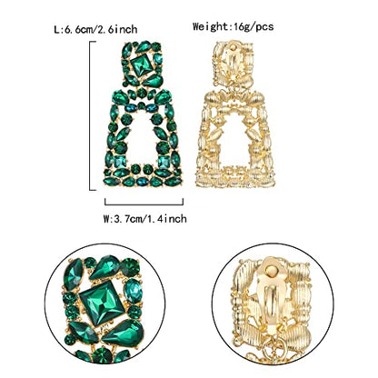 Flyonce Rectangle Clip-on Drop Earrings for Women, Sparkly Rhinestone Crystal Geometric Statement Non Pierced Earring Wedding Prom Party Jewelry for Brides Bridesmaid - color: Green Gold-Tone