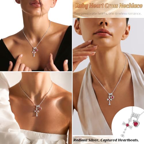 Cross Heart Necklace for Women, Elegant Red Gemstone Pendant Jewelry, Non Tarnish Hypoallergenic Necklace, Dainty Everyday Layering Chain for Her, Birthday Anniversary Graduation Gifts - color: Silver