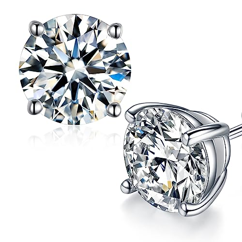 Moissanite Stud Earrings, Round Cut D Color VVS1 Clarity Lab Created Moissanite Earrings Studs 18K White Gold Plated 925 Sterling Silver Jewelry for Women Men - color: Silver _ 4 Prong, size: 6 CTW (3 Ct Each)