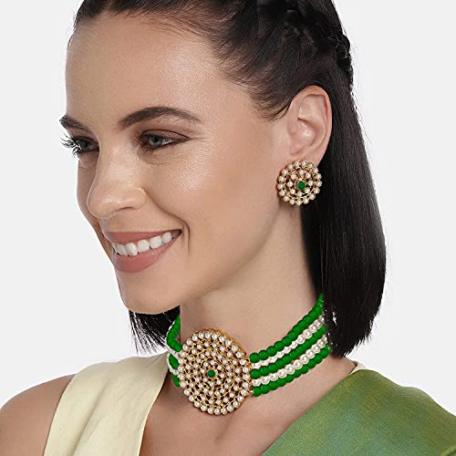 Aheli Pearl Diamond Choker Necklace & Round Earrings Gift for Women Indian Traditional Bollywood Fashion Bharatanatyam jewellery set - color: Green & White