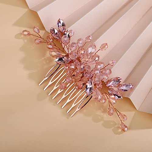 Teyglen Dainty Simple Full Rhinestones Hair Comb Pink Rose Gold Bride Wedding Hair Comb Luxurious Shiny Crystal Bridal Side Hair Pieces Hair Accessories for Women Girls (Pink) - color: Pink
