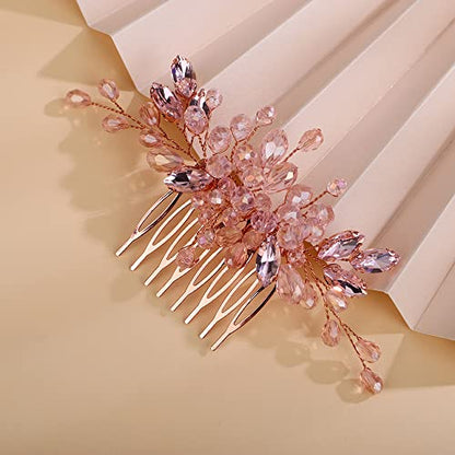 Teyglen Dainty Simple Full Rhinestones Hair Comb Pink Rose Gold Bride Wedding Hair Comb Luxurious Shiny Crystal Bridal Side Hair Pieces Hair Accessories for Women Girls (Pink) - color: Pink