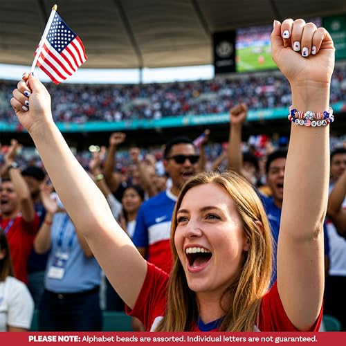 The Beadsmith USA Bead Mix Assortment – Red White and Blue Beads with American Flags & Soccer Balls, Includes 5.4 yd (16.1 ft) Stretch Cord in 0.8 mm Dia, 250 Anniversary USA Merchandise Beads