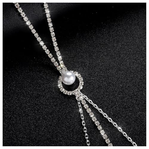 Sexy Rhinestone Pearl Tassel Non Piercing Nipple Chain Jewelry for Women Crystal Drop Chest Chain Festival Rave Nipple Body Jewelry for Party - color: Silver