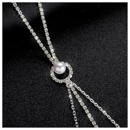 Sexy Rhinestone Pearl Tassel Non Piercing Nipple Chain Jewelry for Women Crystal Drop Chest Chain Festival Rave Nipple Body Jewelry for Party - color: Silver